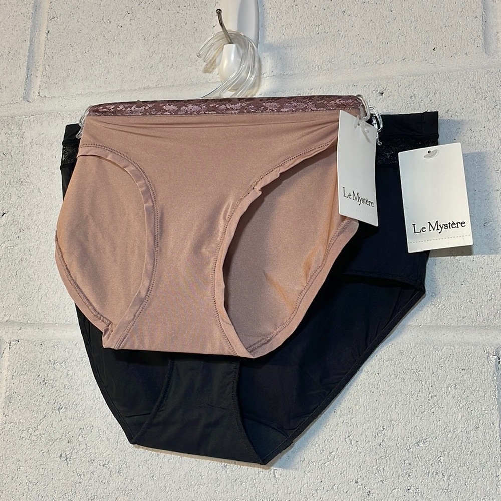 NWT LE MYSTERE panty set Hiphugger briefs/ panties fawn tan & black S and S/M